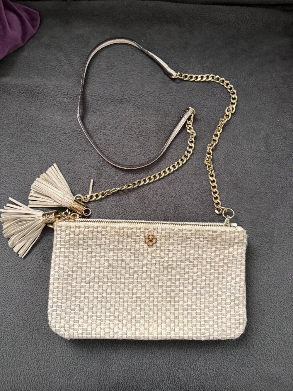 Vintage Ann Taylor Cream Double Zip Crossbody Purse Bag Tassels